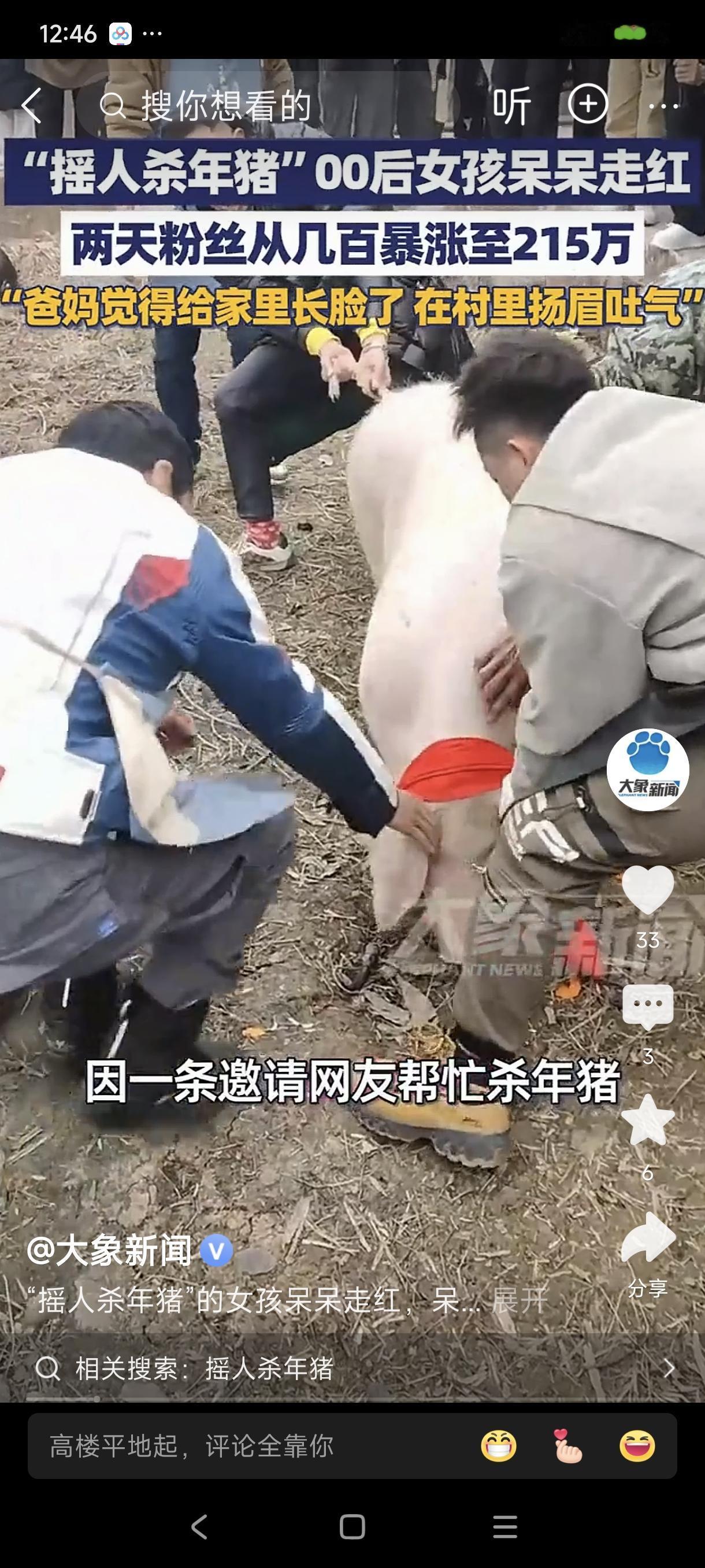 “摇人按猪”女孩：父母觉得长脸了
           这段内容介绍了一位被称为