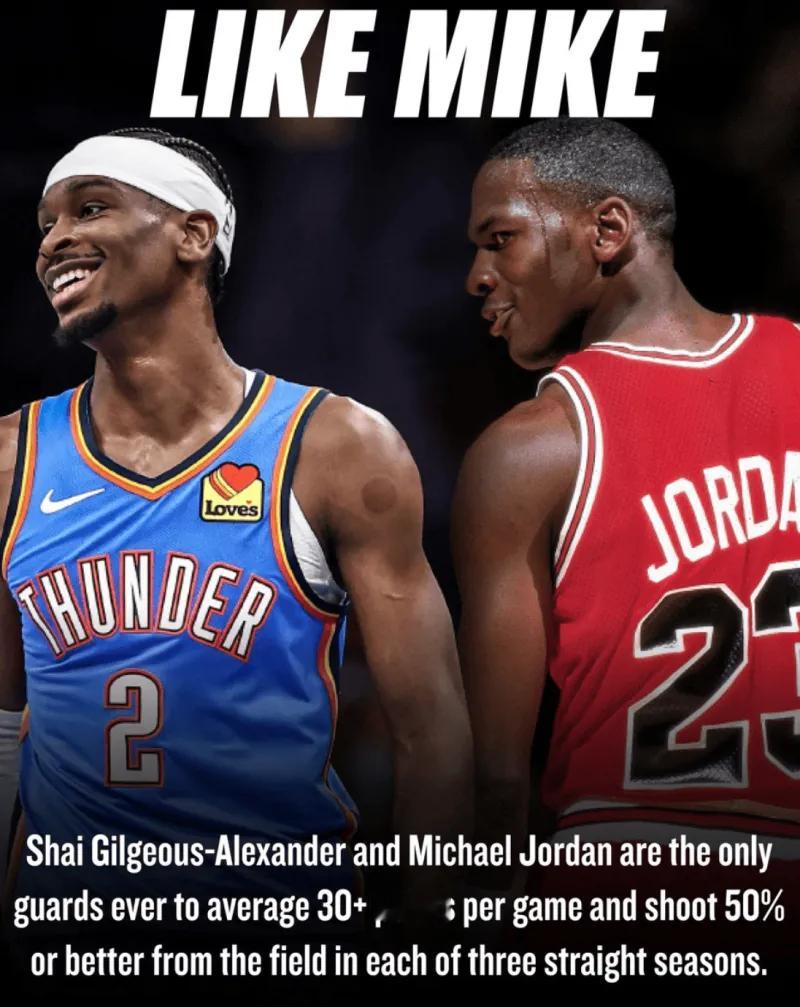 “亚历山大与乔丹，是NBA历史上唯二连续3个赛季以至少50%投篮命中率场均拿到3