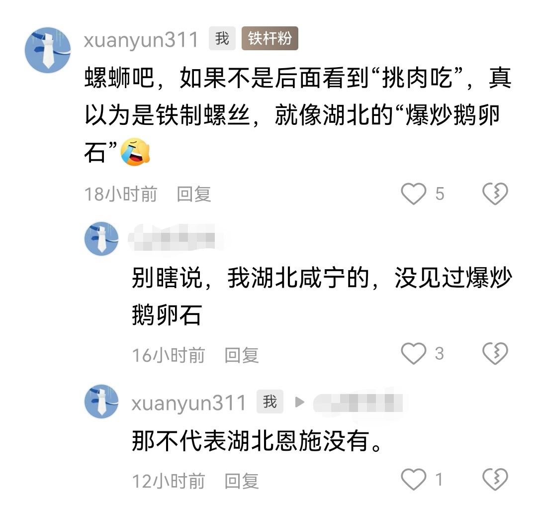 看网文，看到作者把“螺蛳”写成“螺丝”，我就在评论区说“还以为像湖北的爆炒鹅卵石