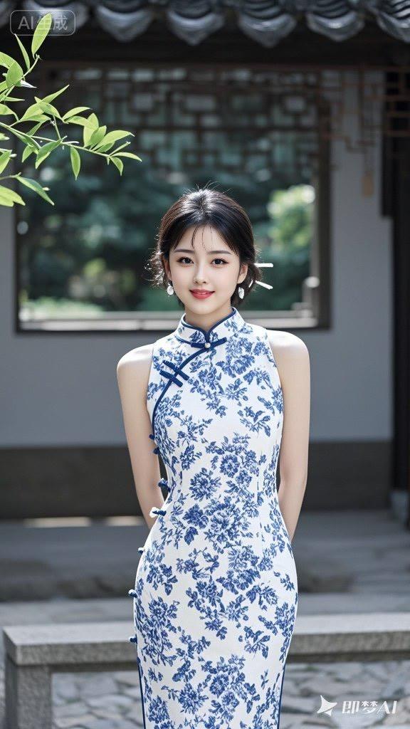 古典与现代的完美融合，蓝白相间的旗袍，优雅动人。