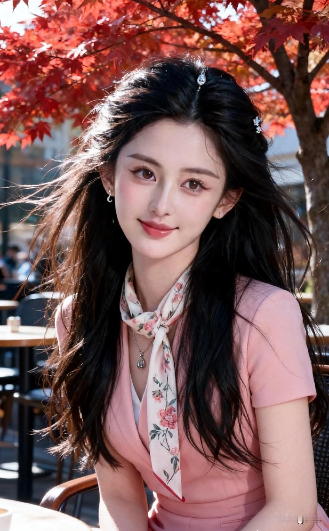 秋叶红如火，美人笑如花