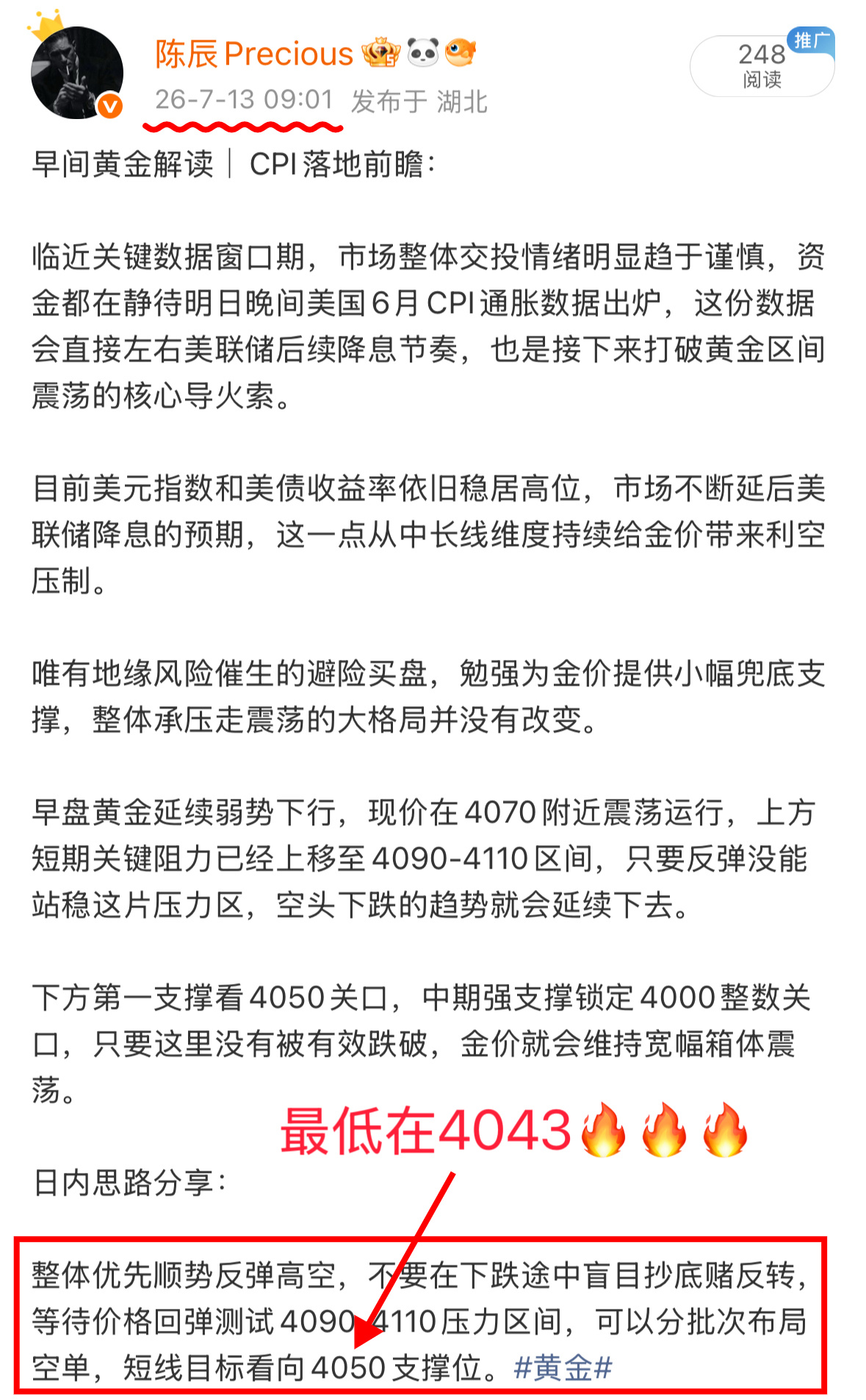 早间就明确给到了优先高空的操作思路，计划看向的4050目标位置顺利抵达，行情最低