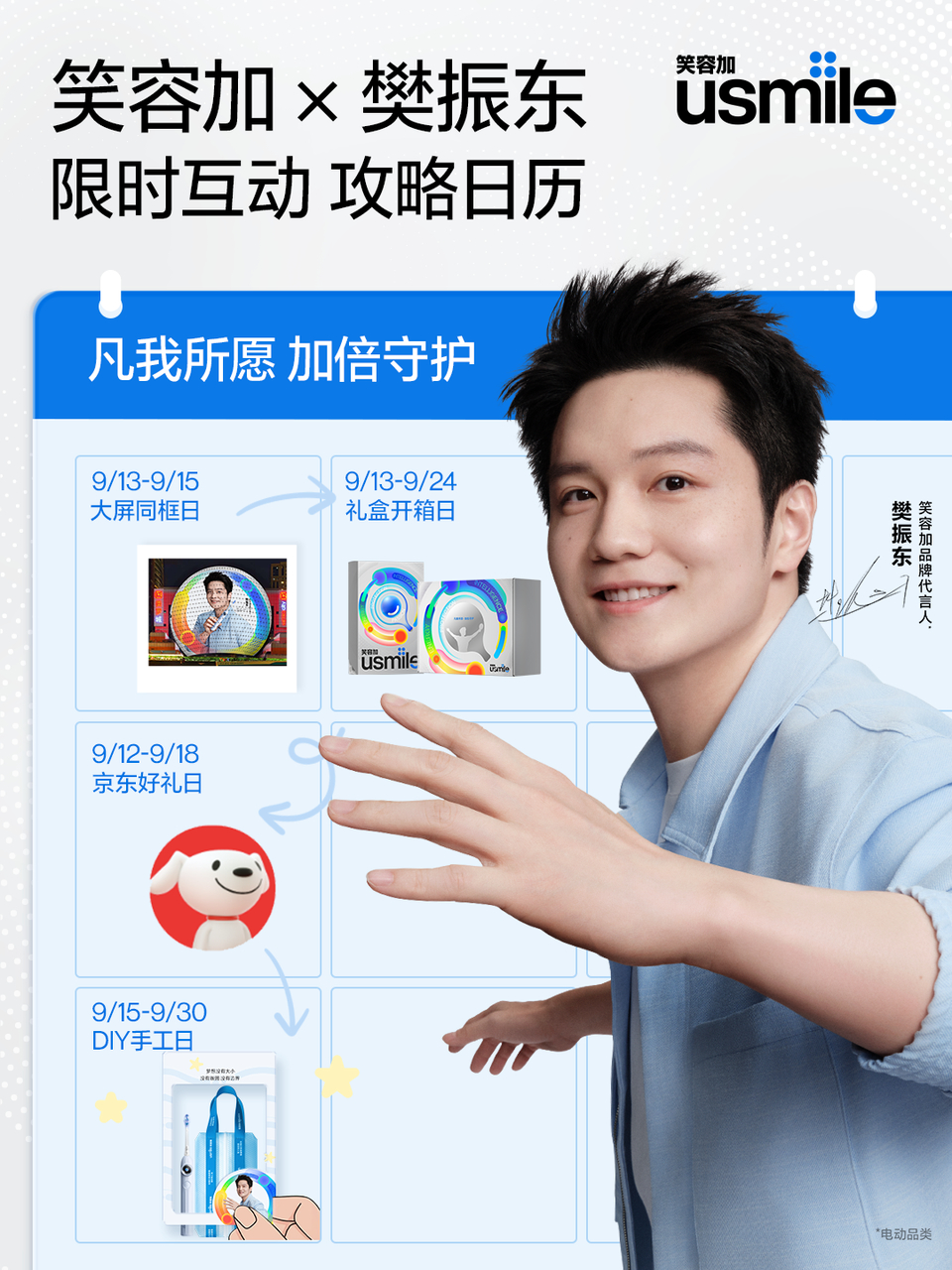 凡我所愿，加倍守护！东哥💙和笑容加一起用心呵护你的微笑，记得一定要好好刷牙～日