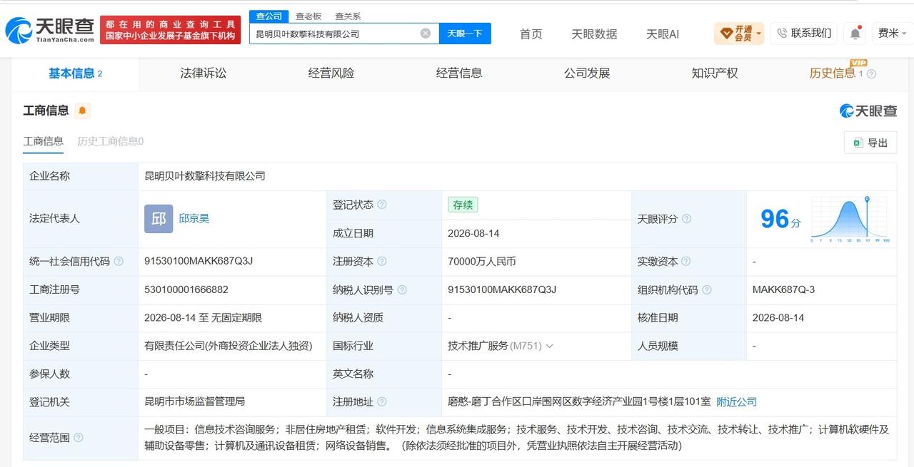 【字节跳动在昆明成立新公司 注册资本7亿】
天眼查App显示，昆明贝叶数擎科技有