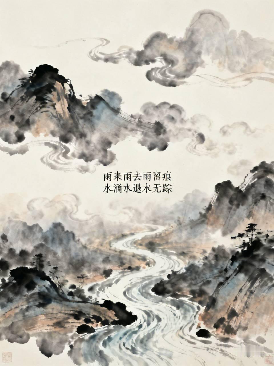 上联：雨来雨去雨留痕，
下联：水涌水退水无踪。