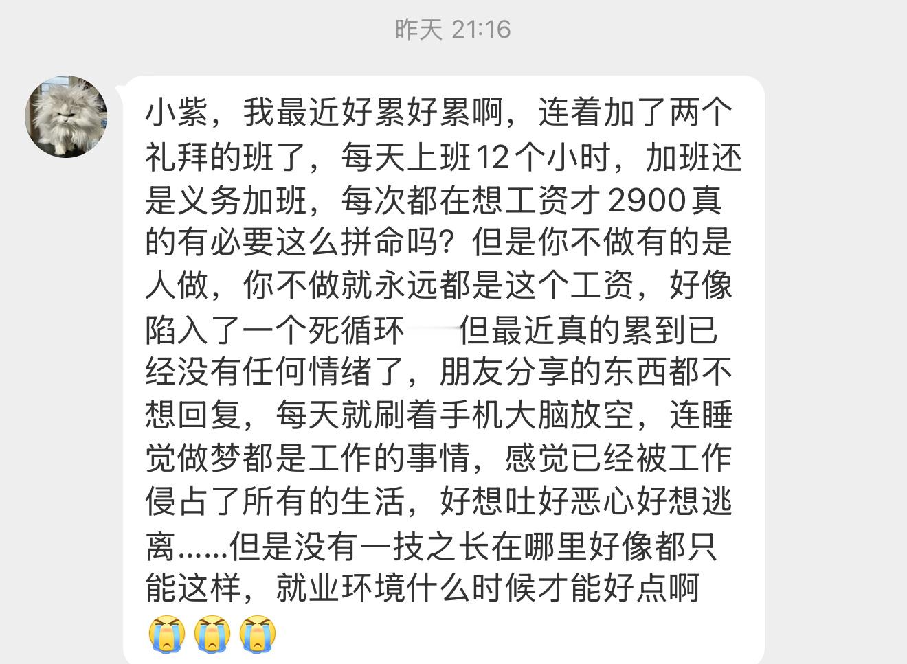 【小紫，我最近好累好累啊，连着加了两个礼拜的班了，每天上班12个小时，加班还是义