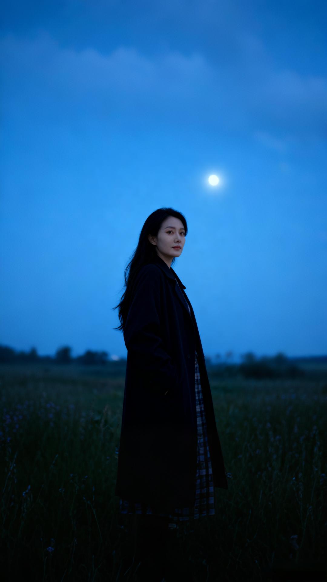 🌙月光为幕，风作伴，我立在星河边缘——
长发掠过夜的裙摆，黑衣裁就孤高的轮廓，