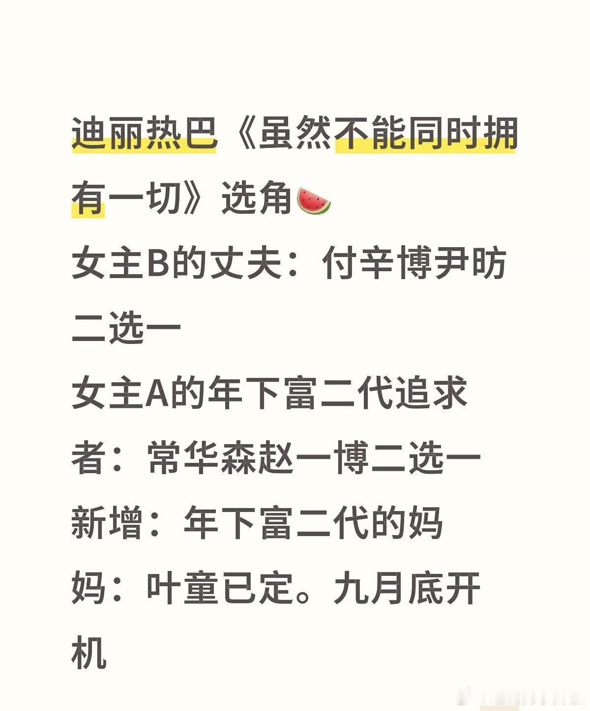 迪丽热巴新剧《虽然不能同时拥有一切》选角🍉，女主一人饰两角 ​​​