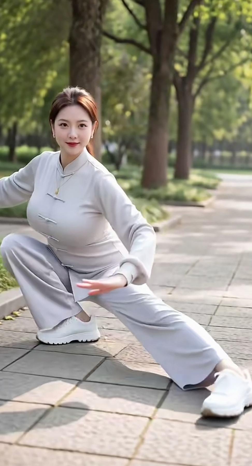 这位美女在公园里练太极呢。