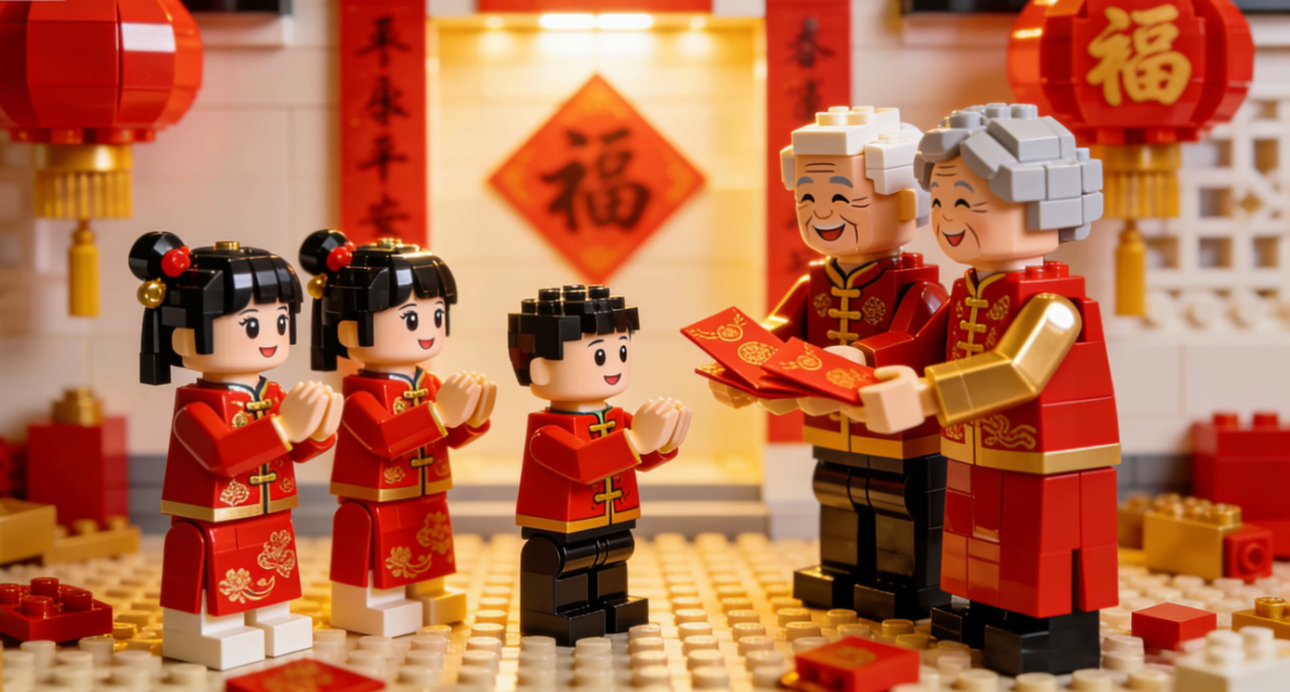 用AI定格的拜年名场面，氛围感拉满。红金唐装加身，三个萌娃组团给长辈拜年，爷爷奶