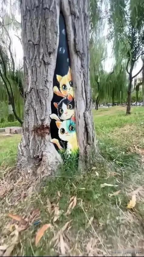 11月20日，一位来自山西的艺术家于运城市中心街道旁的一棵树洞中创作了一幅作品。