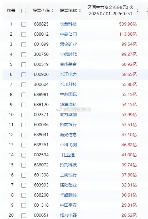 7月主力资金买入前20股1 长鑫科技 539.96亿 2 中微公司 113.08