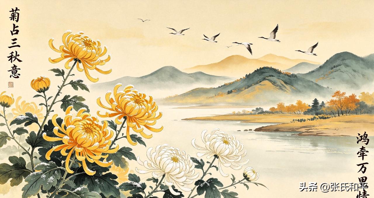 上联：菊占三秋意，
下联：鸿牵万里情。
 简析：
菊收尽一整季秋韵，雁载着天涯牵