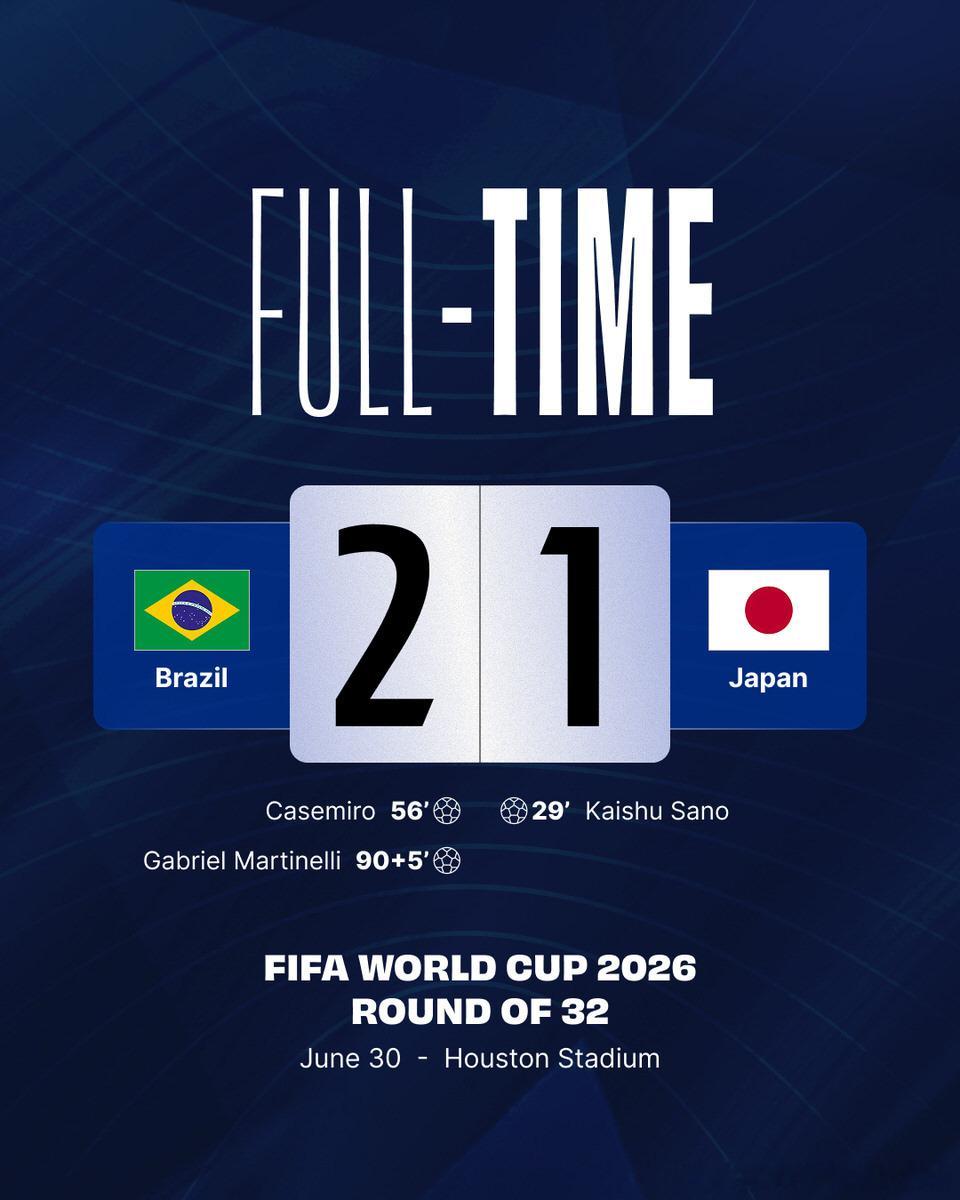 全场结束：巴西 2-1 日本日本在比赛临近结束时惨遭逆转，遗憾不敌巴西。💔J联