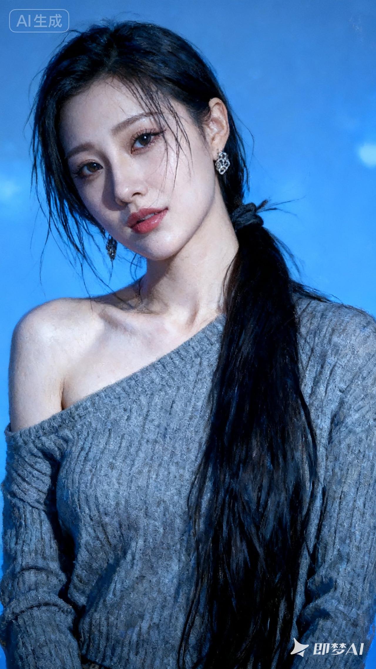 温柔冷艳的少女，灰色毛衣搭配长直发，尽显优雅气质。