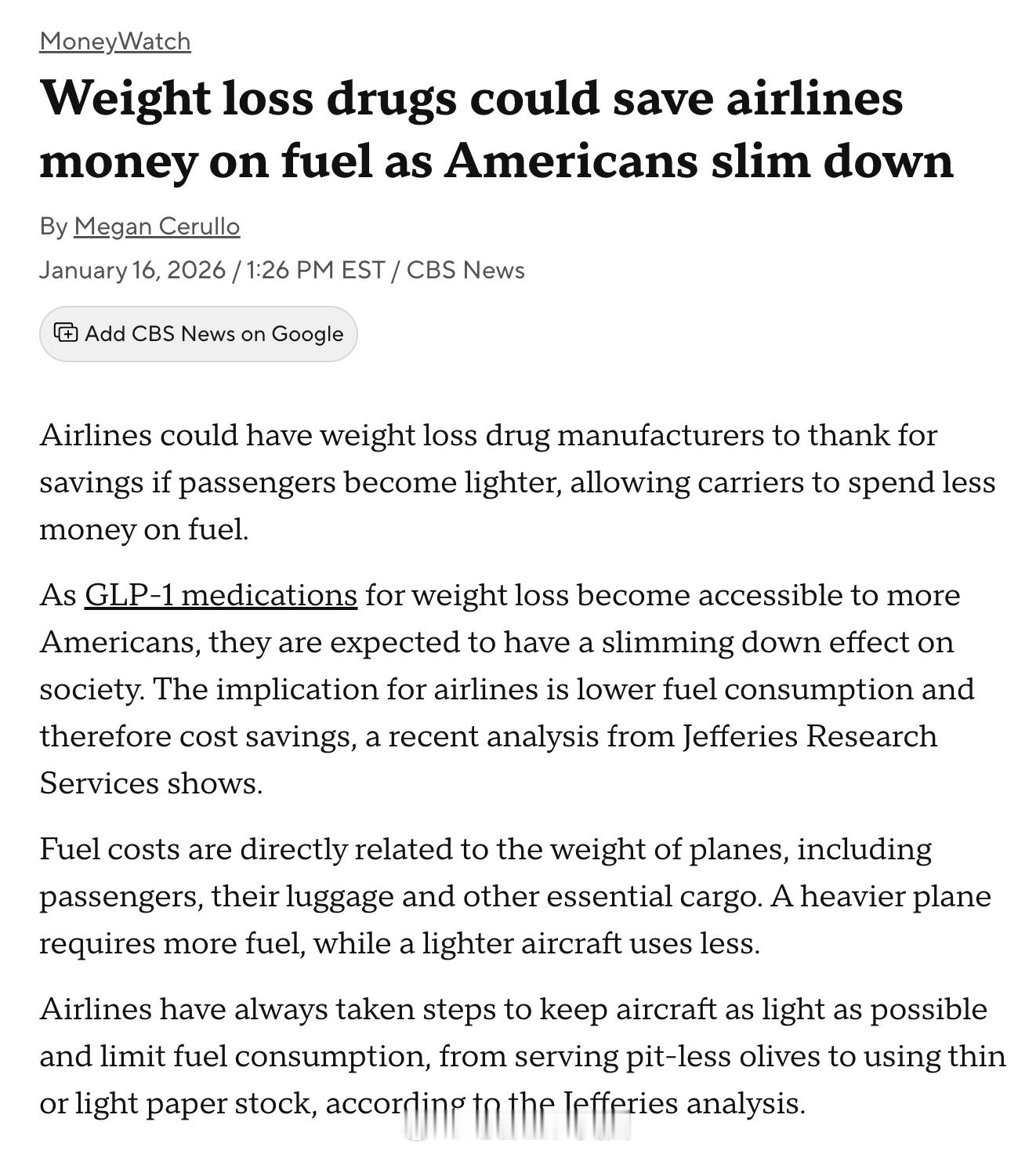 减肥神药GLP-1等药物的横空出世可为美国航空公司节省超过5.8亿美元的燃油开支