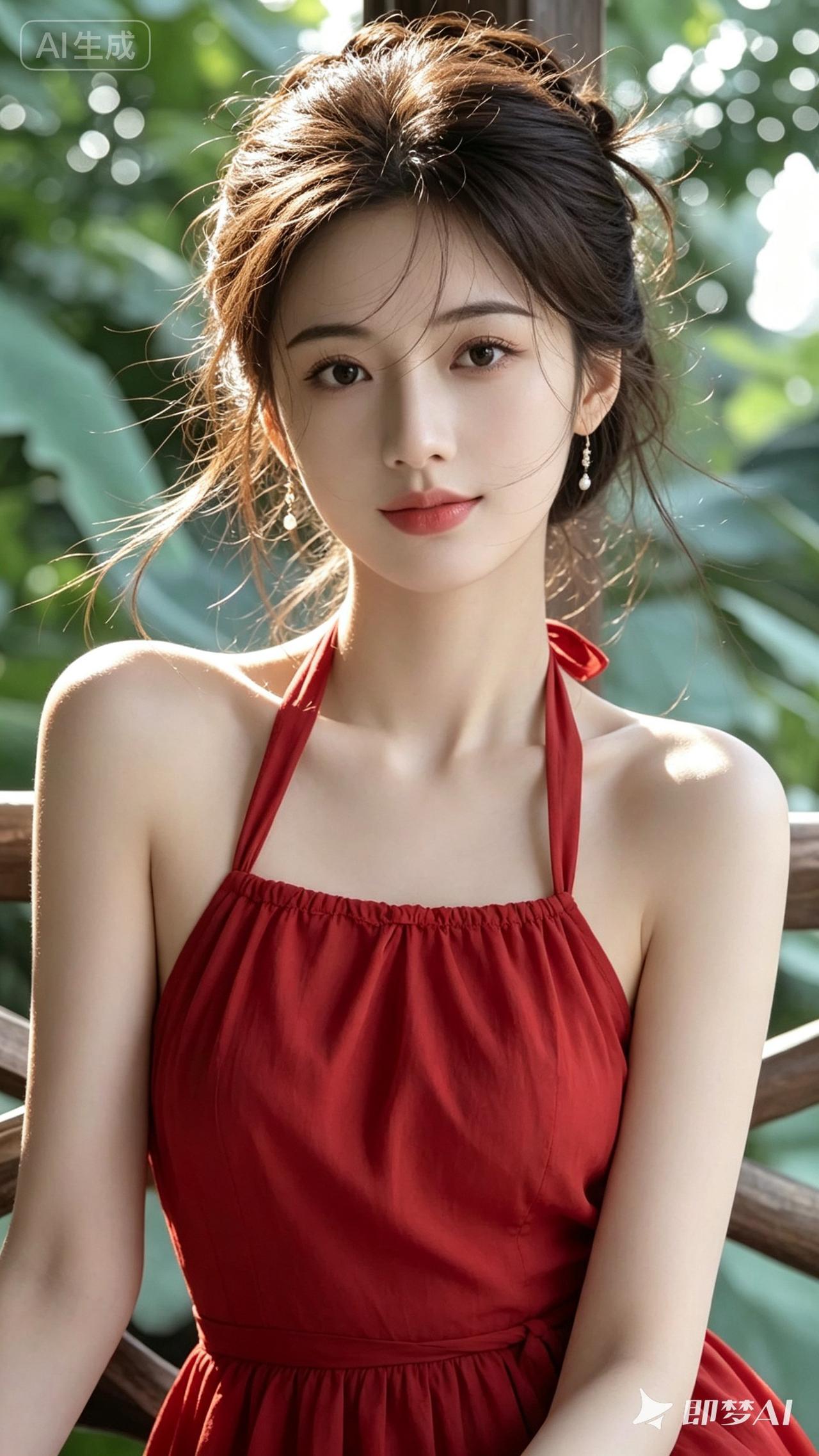 夏日红裙，清新自然，阳光下的美丽少女