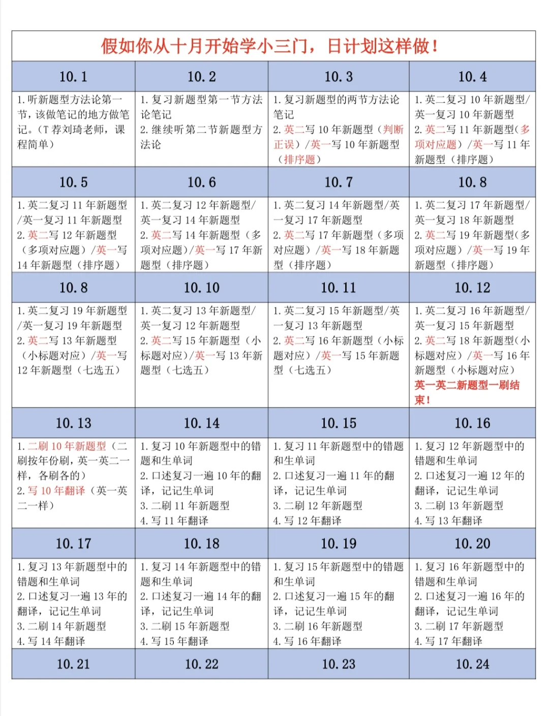 假如你从10月开始学小三门，日计划这样做！