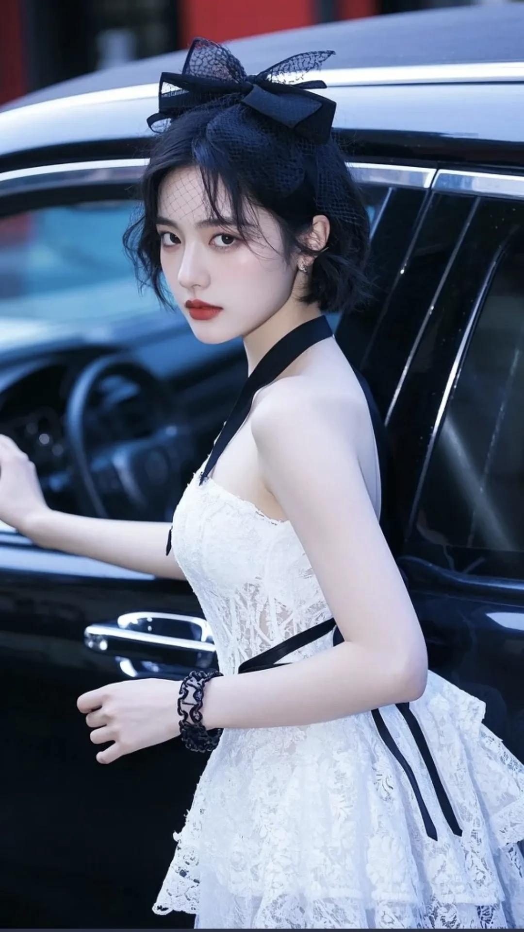 真心话茶局优雅大方黑丝蝴蝶结，时尚白裙与名车相伴，尽显时代女性魅力。