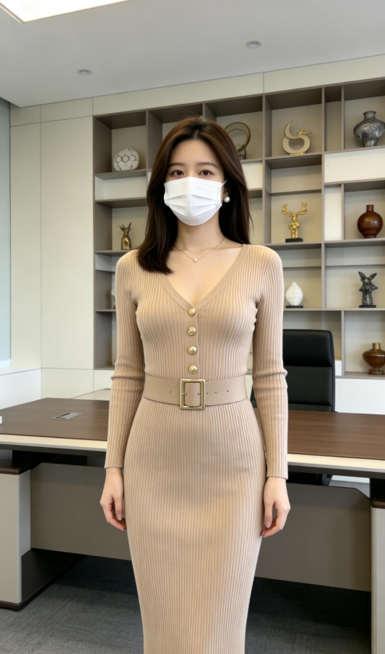 茶色坑条针织连衣裙，
修身的竖坑条曲线衬得格外柔和，
整体温柔又显贵，很适合上班