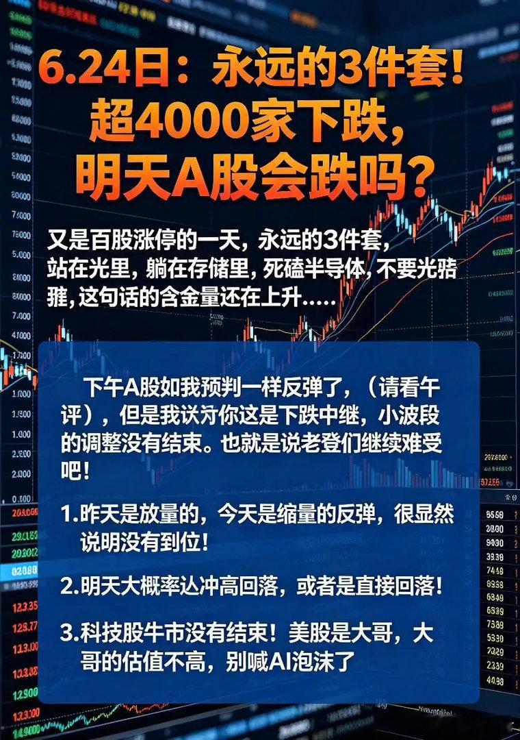 6.24日：永远的3件套！超4000家下跌，明天A股会跌吗?又是百股涨停的一天，