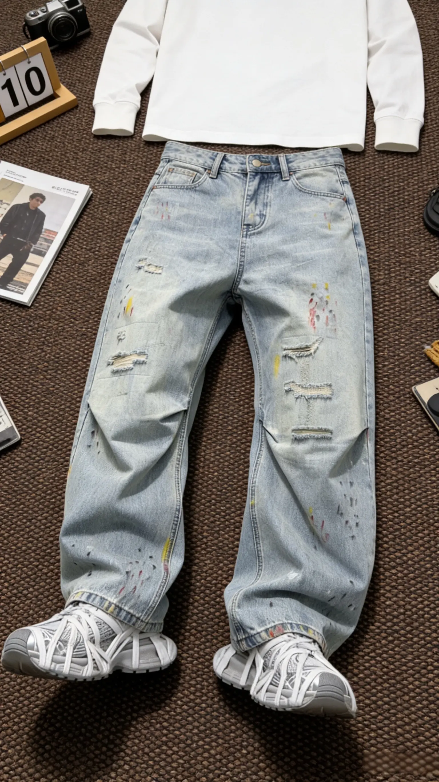 谁能拒绝这款春夏季破洞牛仔裤美式直筒宽松高街水洗做旧设计感涂鸦活力风男裤