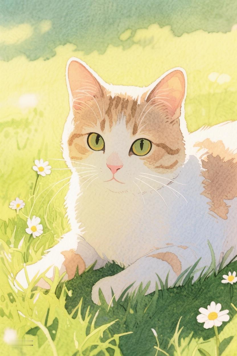 AI随心绘灰白花猫卧于嫩草黄花间，似在沉思，时光静谧，心也随之沉静。
