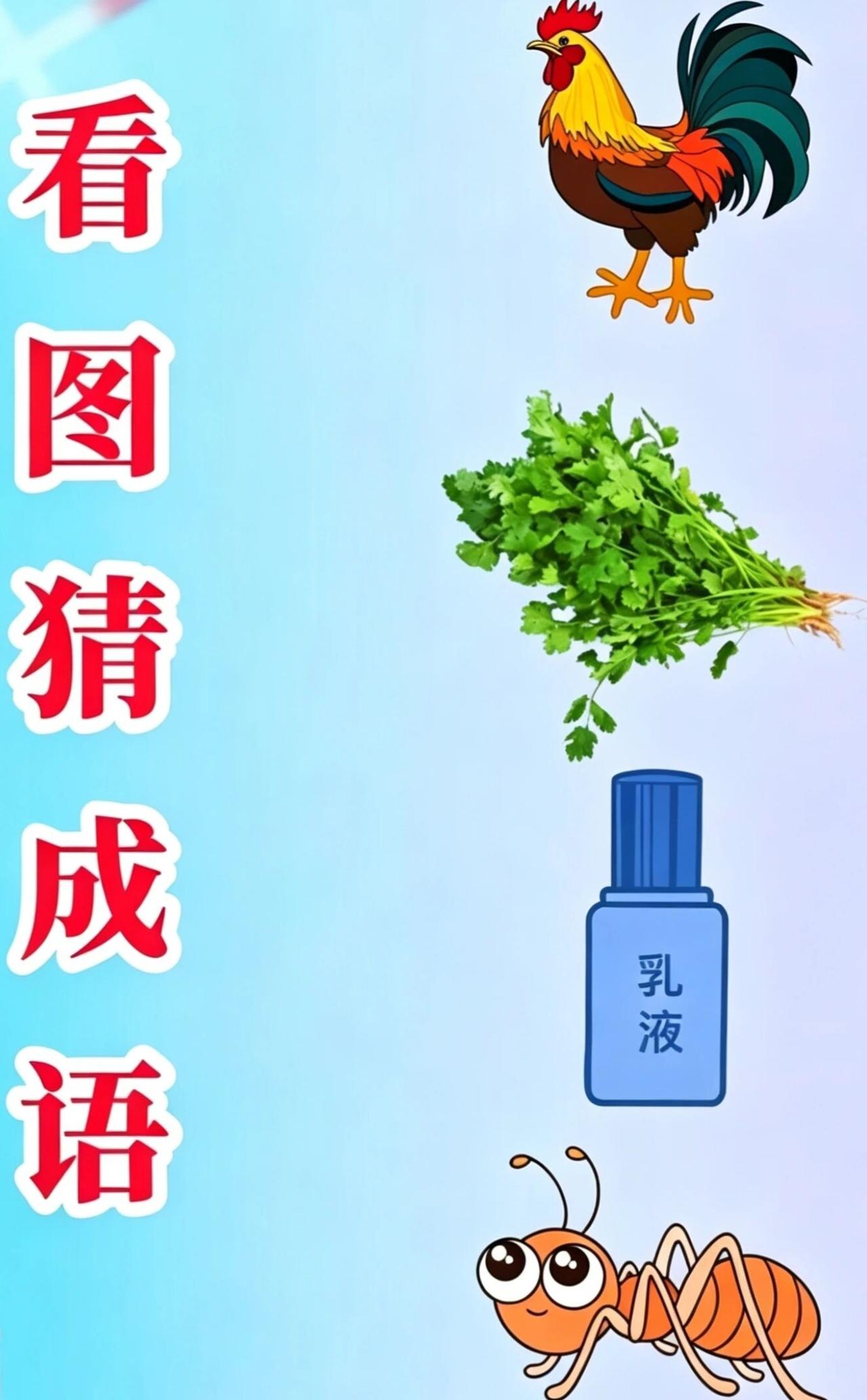 有鸡有香菜，还有沐浴乳和蚂蚁，它们合在一起会组成什么成语呢？提示，祝福用语。快猜