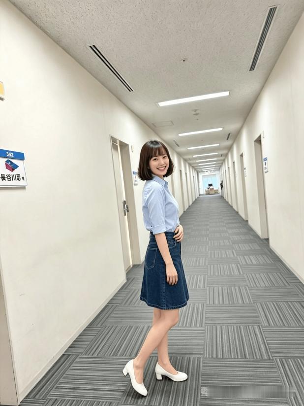 办公室走廊里，她笑得真甜。