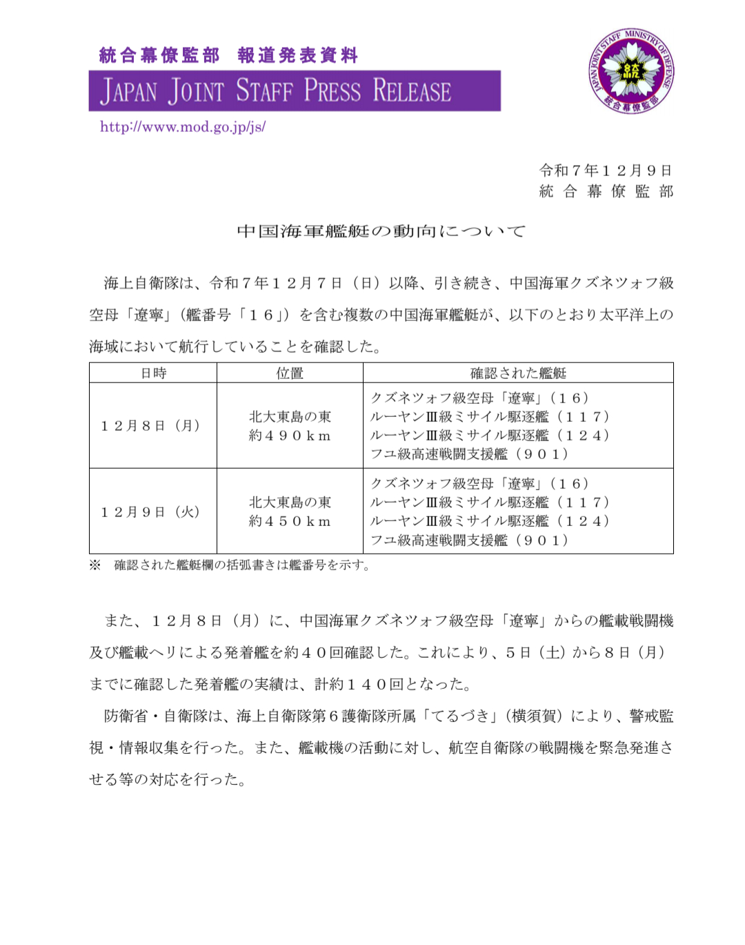 日本人问自卫队是不是跟丢辽宁舰了 没跟丢，姗姗来迟的防卫省统合幕僚监部通报，12