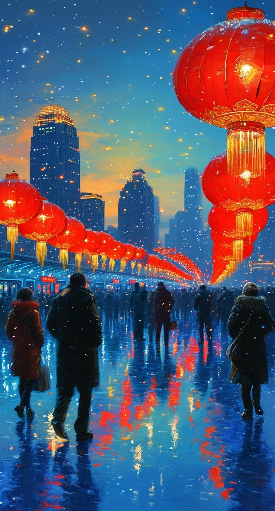 给2026的自己写句话 冬日夜晚，繁华街头，红灯笼映照，人潮涌动，梦幻如画。