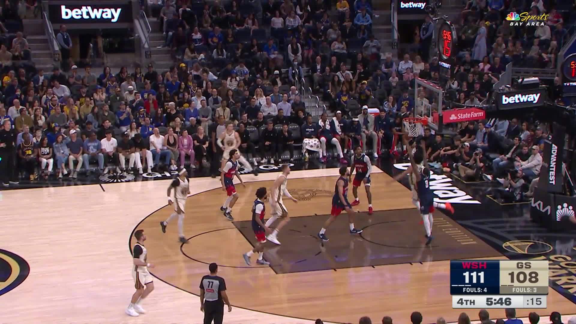 桑托斯2+1！追平比分！勇士111:111奇才。奇才vs勇士