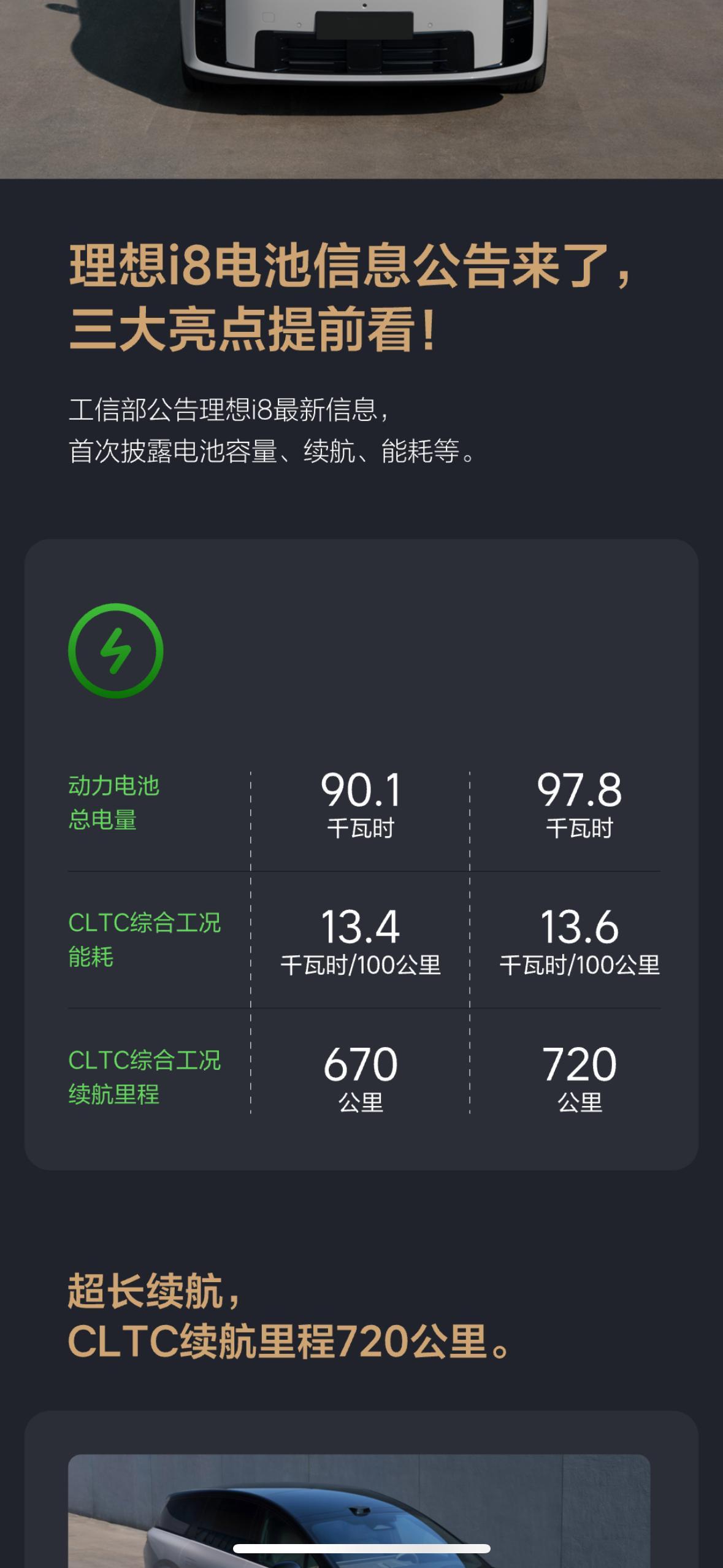 理想i8公示双电机续航里程720公里理想 i8 两款电池90.1度与97.8度三