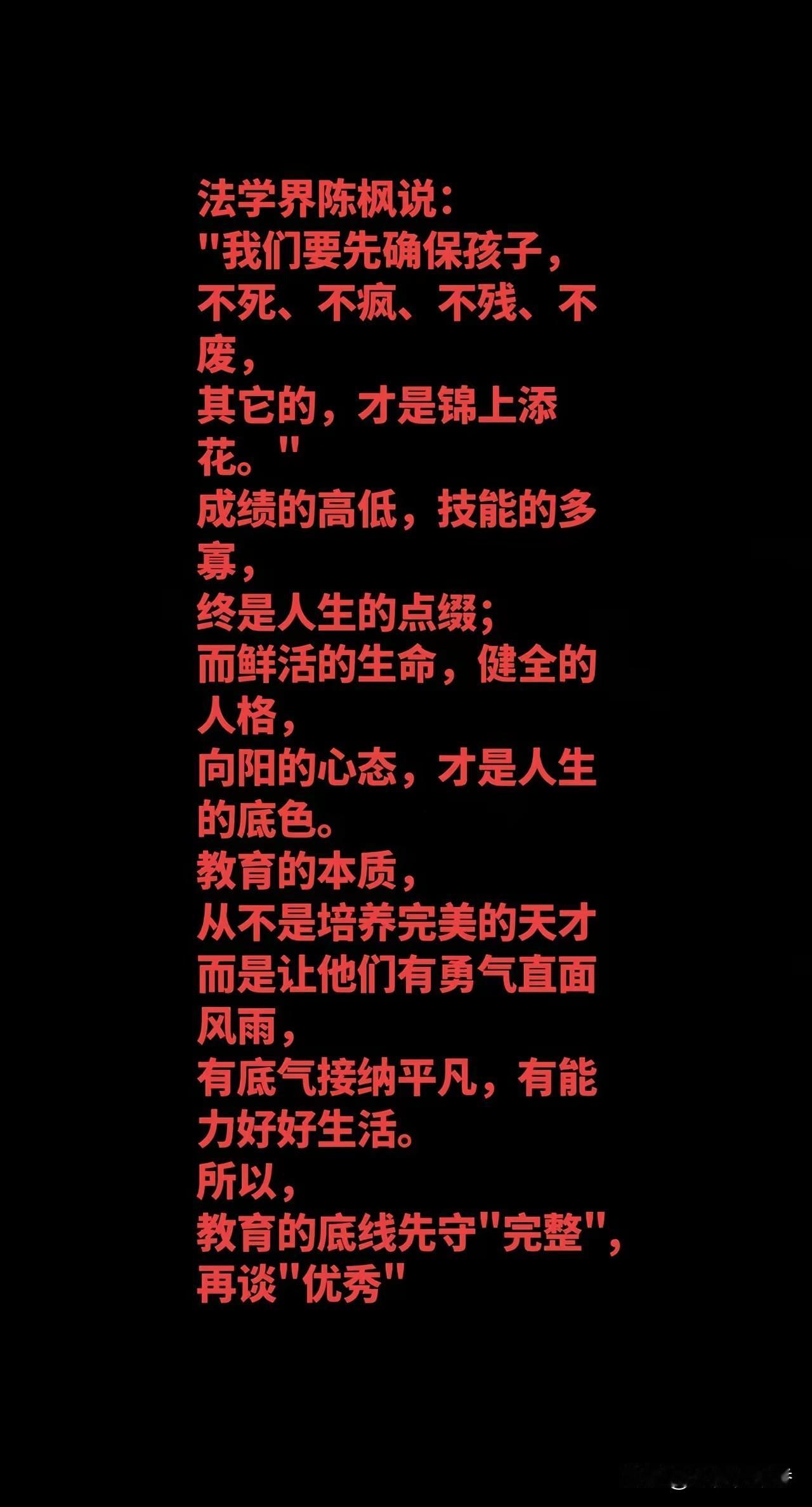 法学界陈枫说："我们要先确保孩子，不死、不疯、不残、不废，其它的，才是锦上添花。