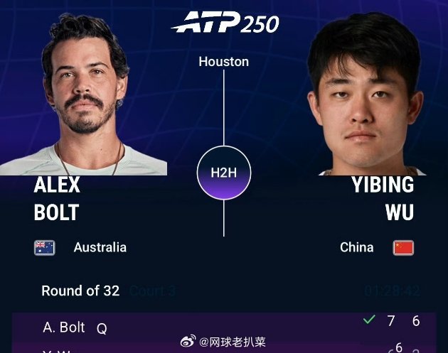 吴易昺不敌博尔特ATP250休斯顿站首轮，阿昺被资格赛球员博尔特7-6(6) 6