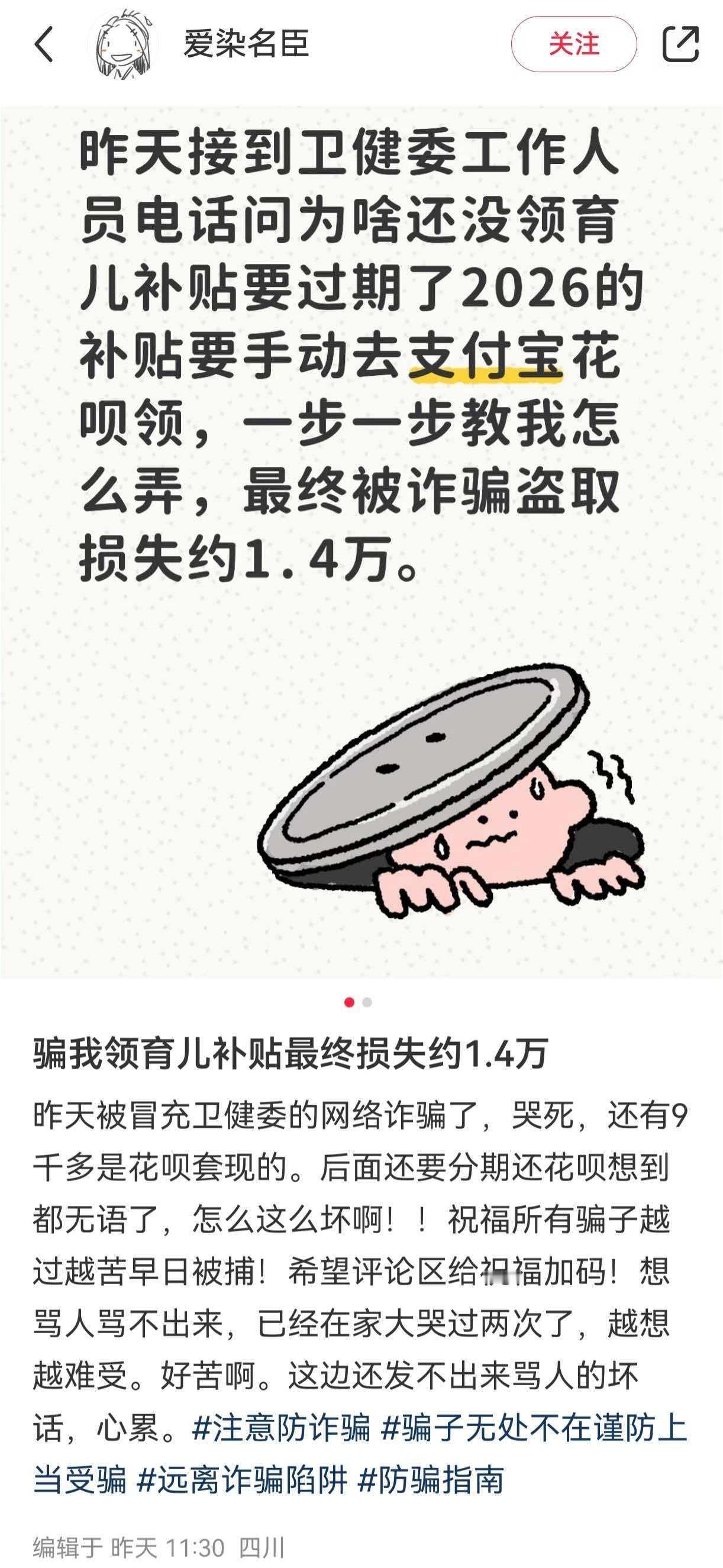 网友吐槽，因为申领育儿补贴的事情被骗1.4万，其中有9000还是有的花呗。
不知