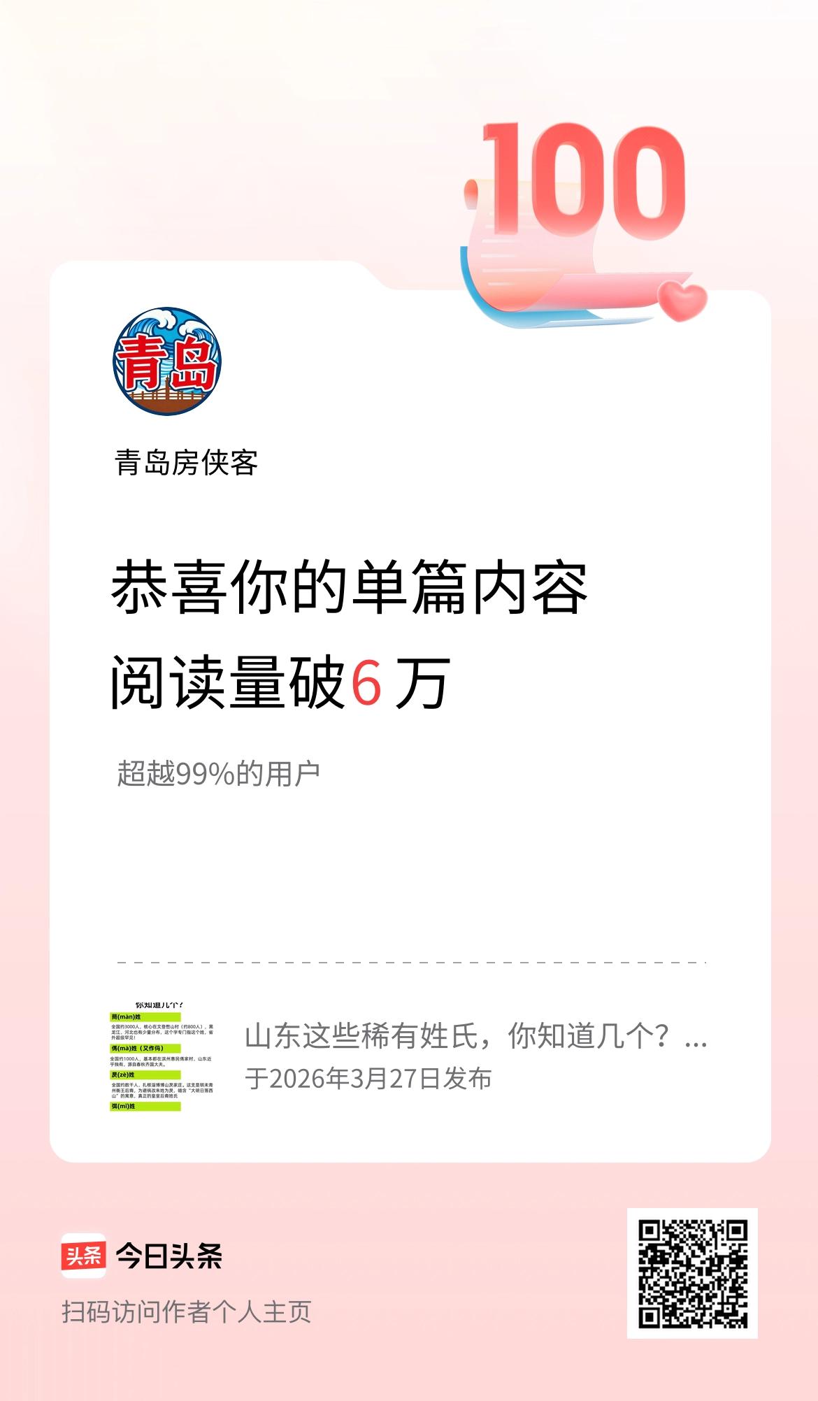 单篇内容获得阅读量破6万啦！