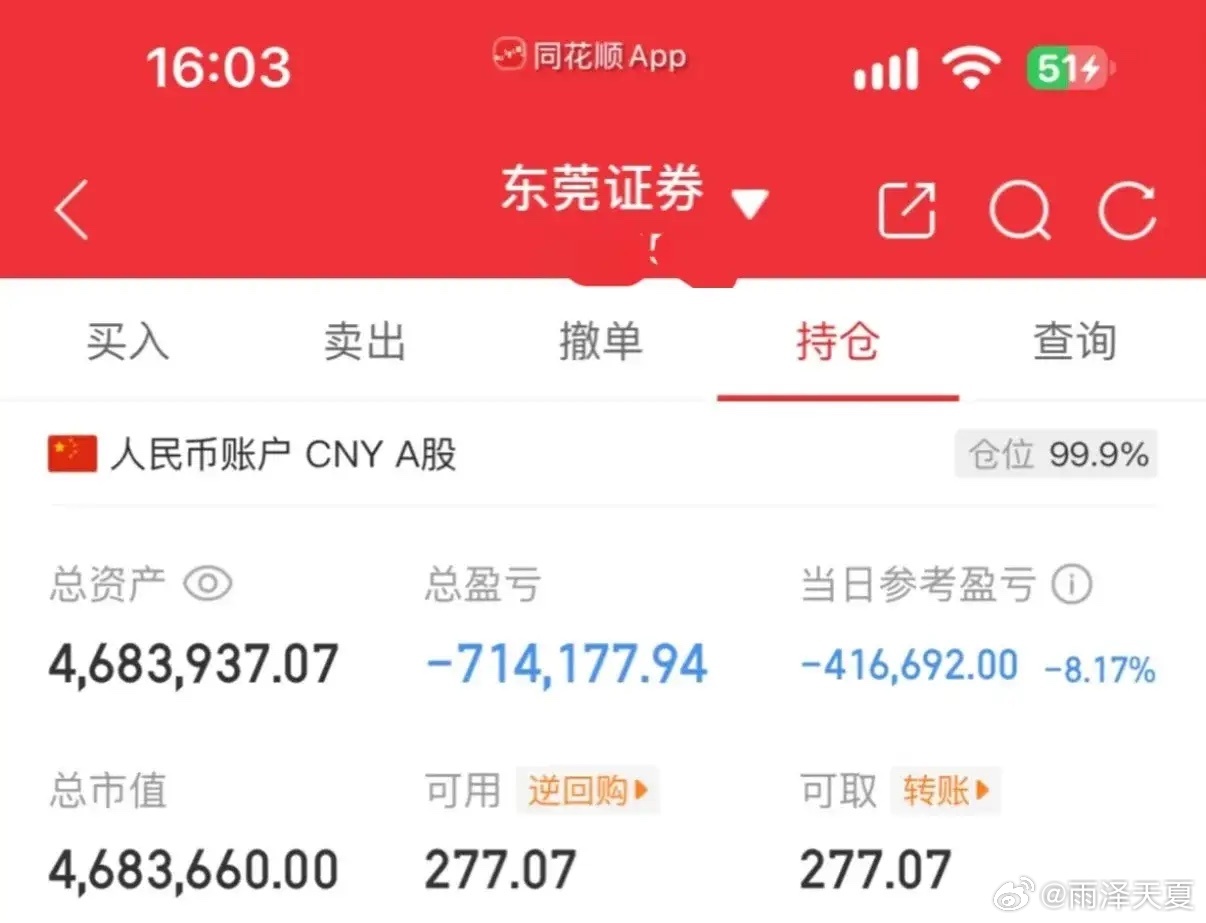 一位网友晒出了触目惊心的股票实盘账户，单日账户直接浮亏41万元，单日回撤高达8.