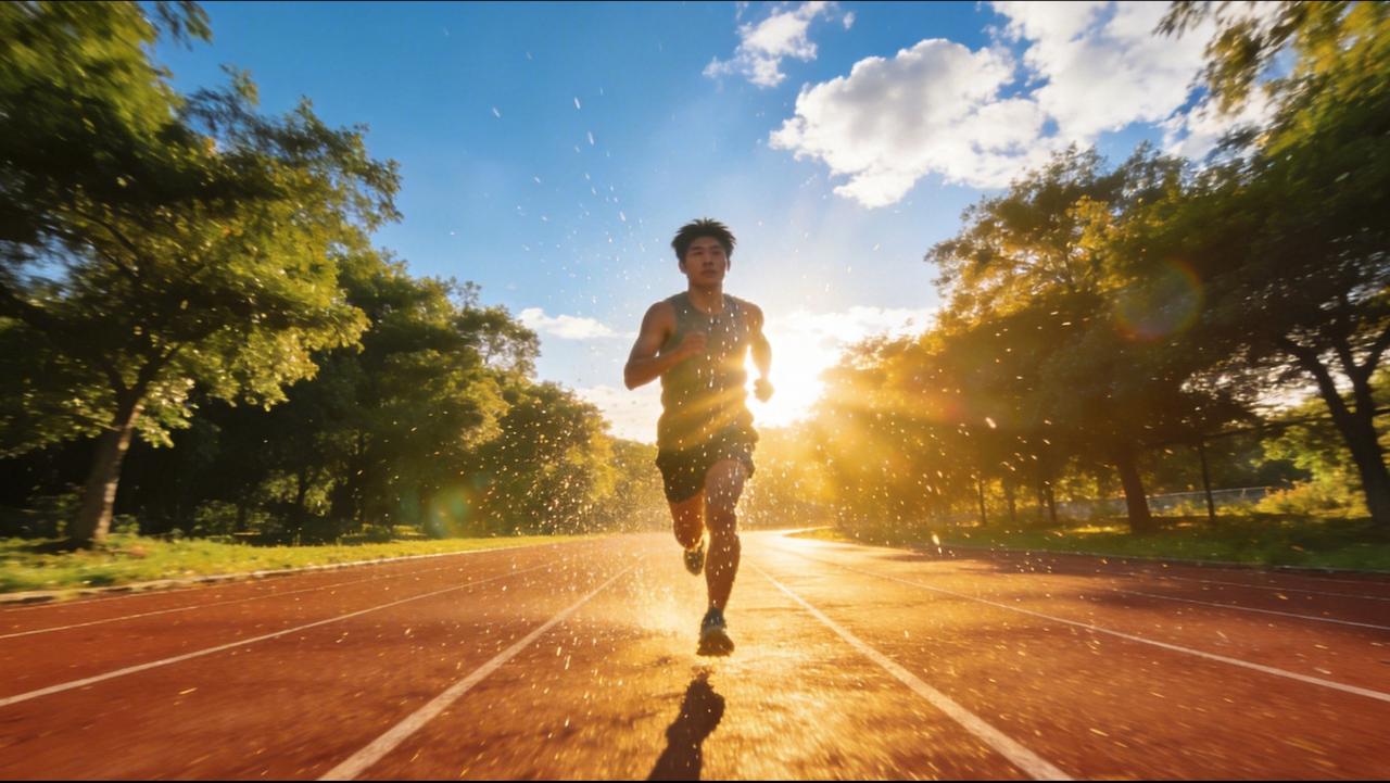 阳光正好，我在操场慢跑，汗水挥洒，身心舒畅，充满活力。