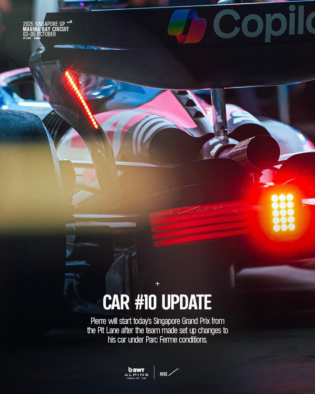 加斯利将在今天的正赛中从维修区发车，Alpine车队打破Parc Ferme规则