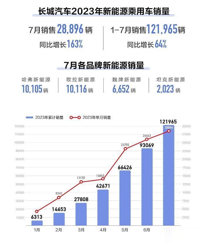 28896辆！6连涨！这就是长城新能源乘用车7月份交出的成绩单！从1月份的631
