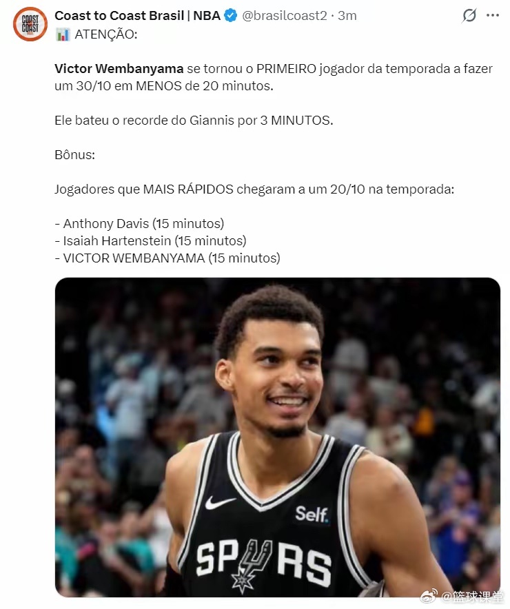 1、文班亚马8分钟完成两双，是ABA与NBA合并后最快2、文班亚马15分钟砍下2