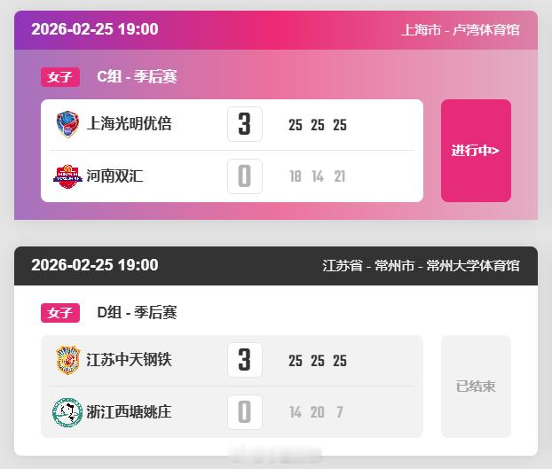 2025-2026中国女排超级联赛 A级季后赛总第15轮已经结束的2场比赛，D组
