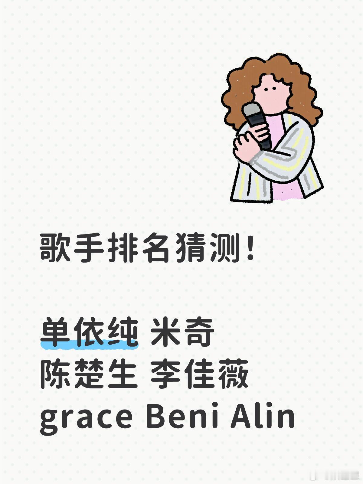 歌手排名猜测单依纯 米奇 陈楚生 李佳薇 grace Beni Alin ​​​