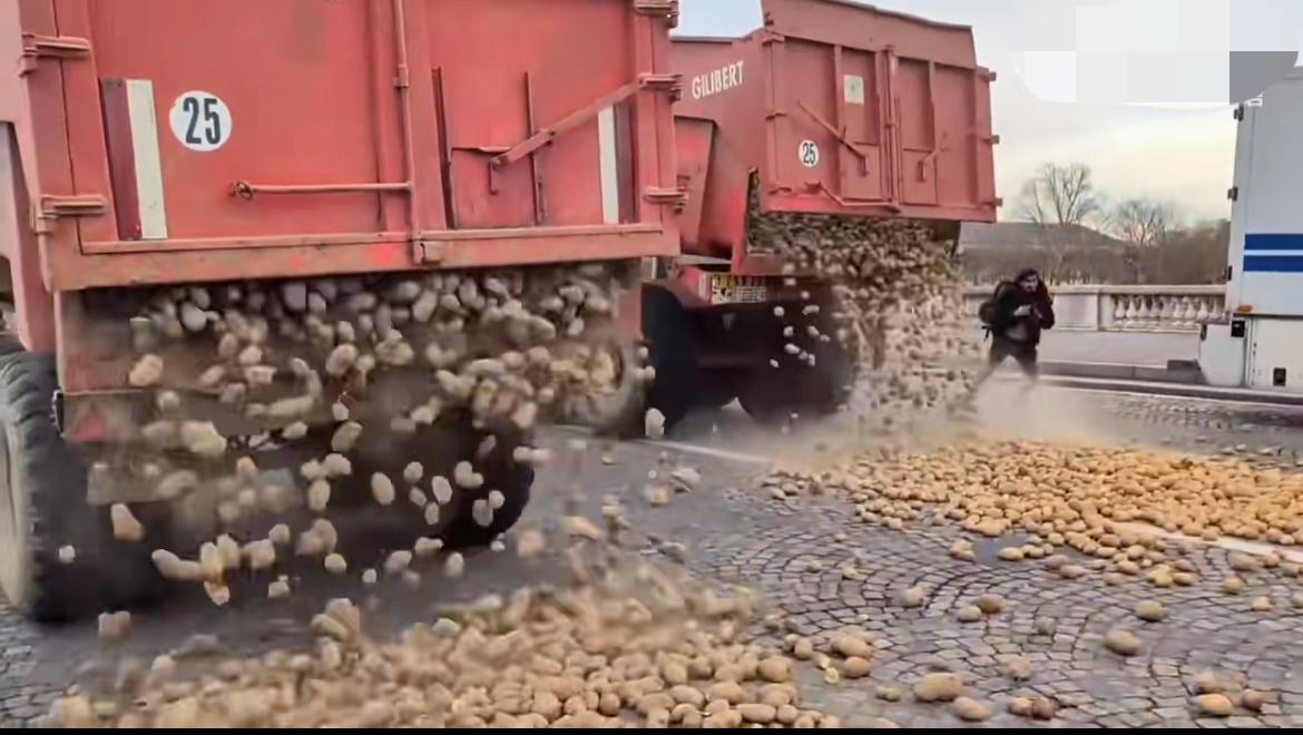 欧盟批准进口南美廉价农产品，法国农民不乐意，开着两辆大翻斗把几十吨土豆倒到国会门