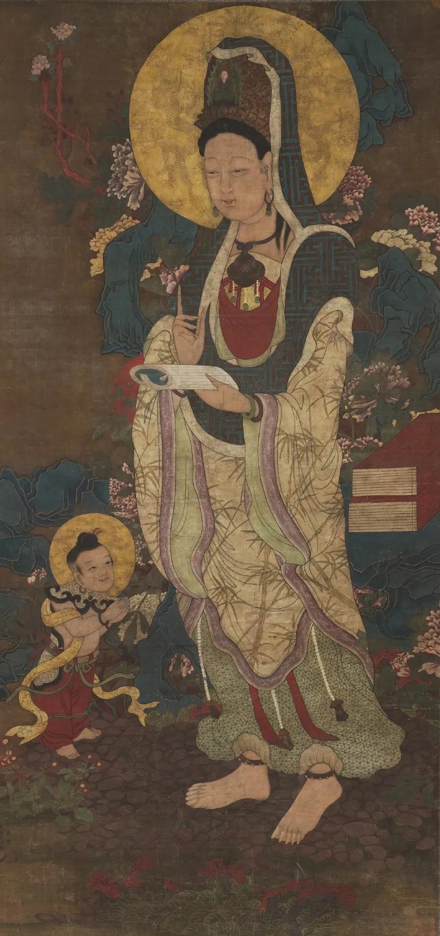 绢画 童子拜观音。年代不祥，上有题款：京师光明寺珍藏。
吴彬伐那婆斯尊者像，台北