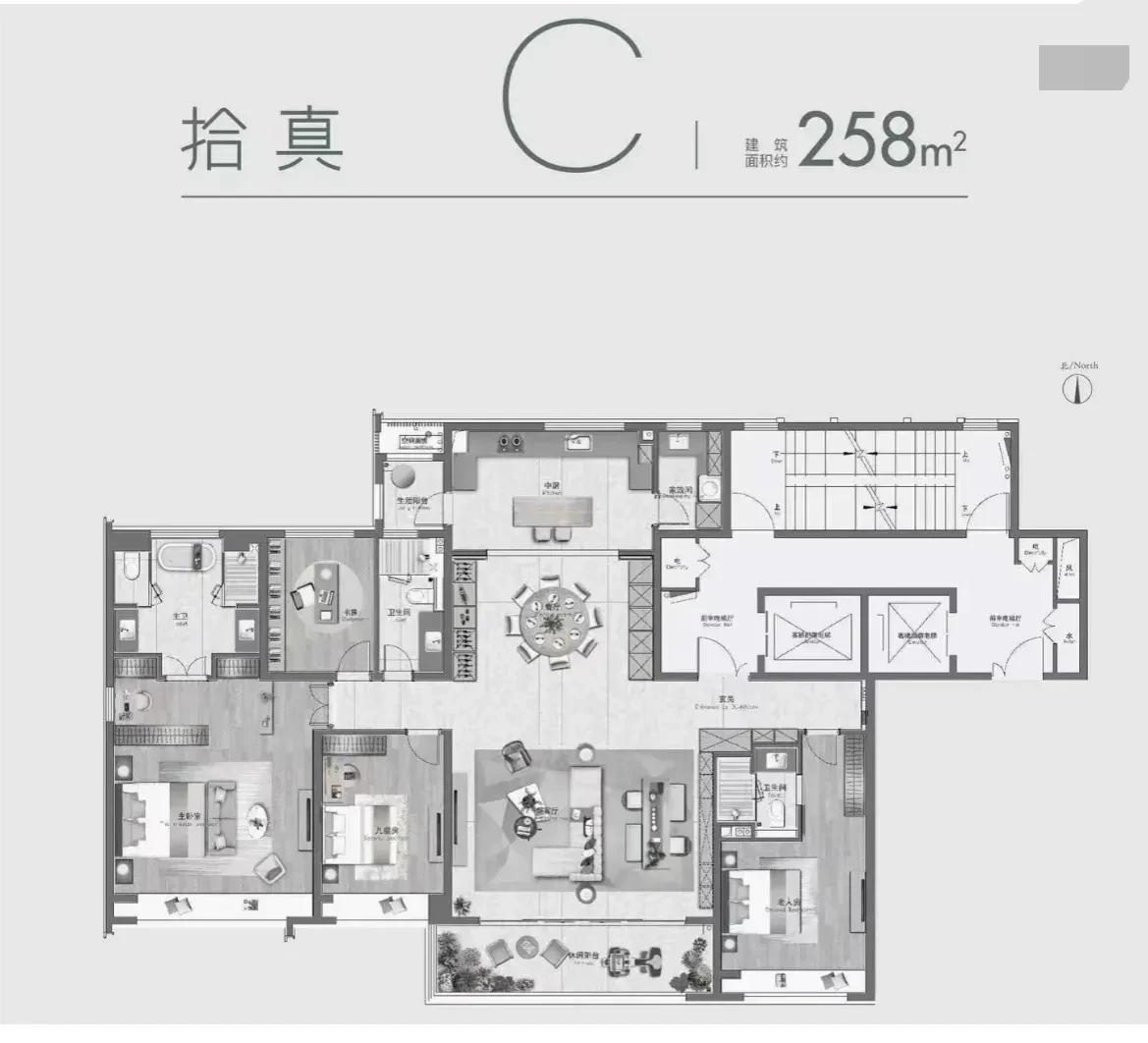 259平米的房子，这应该是中规中矩的设计，北侧的厨房面积相当大，可以做一个独立的