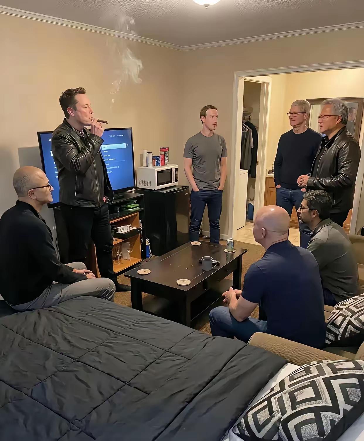 一看这几个员工，就知道是经常不按时打卡上班的；穿着牛仔T恤皮夹克，这么随便，肯定