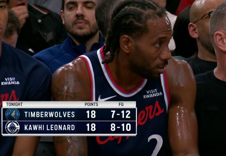 伦纳德砍下18分，10投8中
森林狼全队18分，12投7中

伦纳德一上来，就给