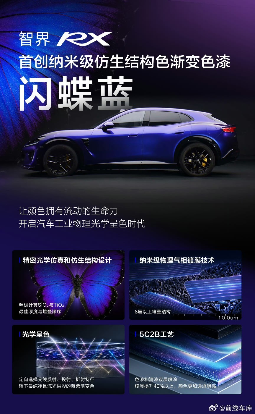 智界RX公布新颜色：闪蝶蓝，灵感来自亚马逊雨林的蓝闪蝶渐变的质感很不错，与运动S